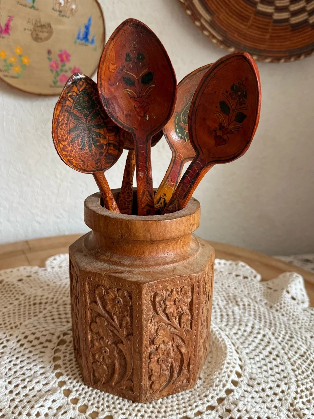 Vintage Scandanavian Folk Hand Painted and Carved Wooden Primitive Spoons